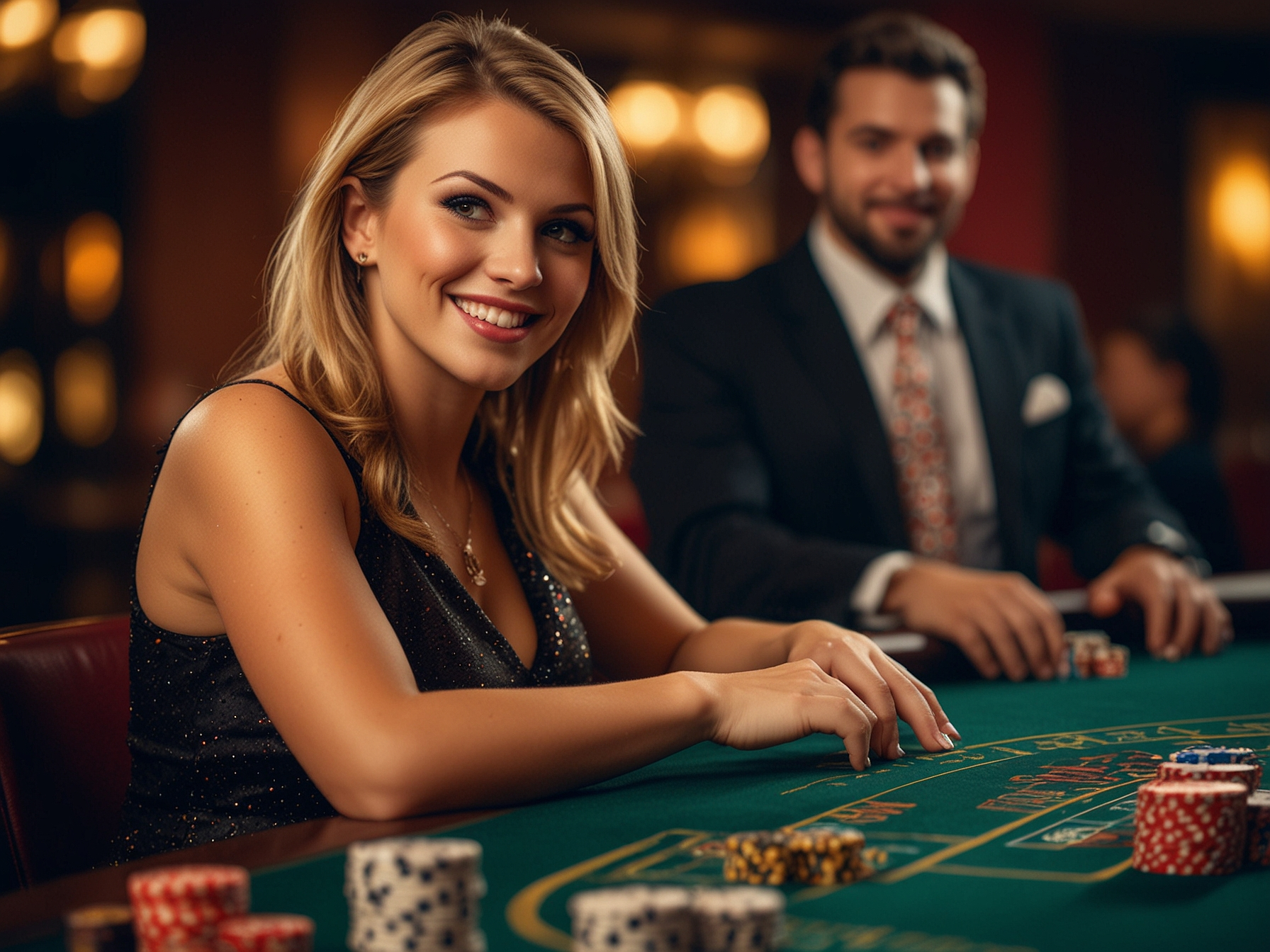 Casino dealer smiling over a table of chips and cards