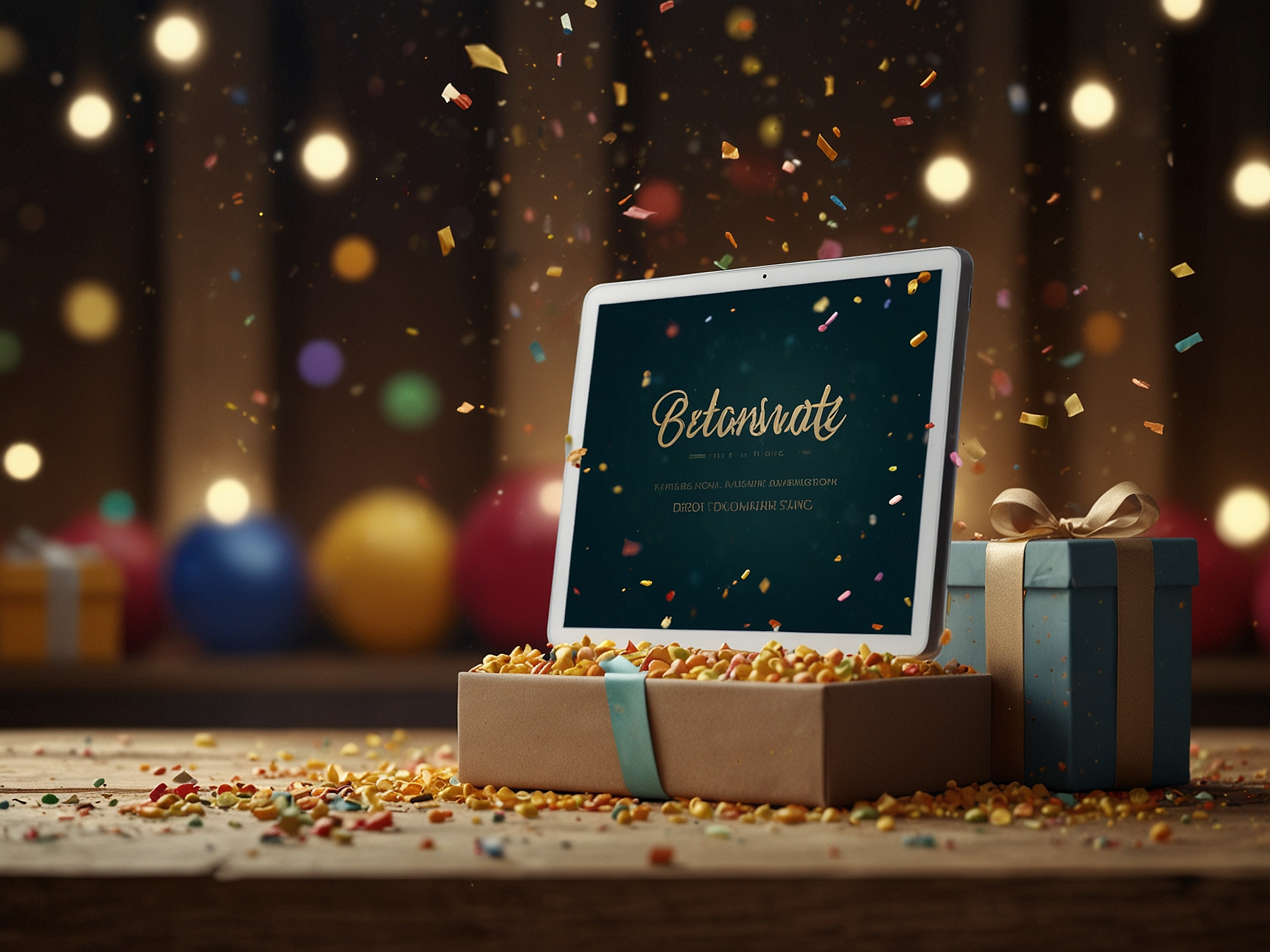 Promotions display with gift icons and confetti